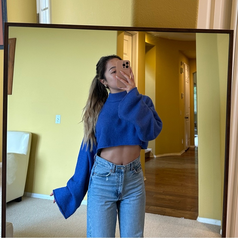 ASOS blue mock neck long sleeve cropped sweater